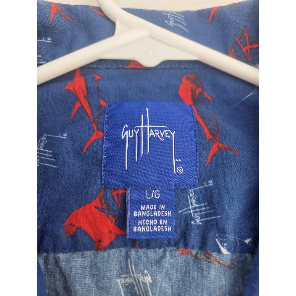 Guy Harvey Button Up Shirt Men's L Fish Print Short Sleeve Blue Marlin Tuna Mahi - Picture 4 of 7